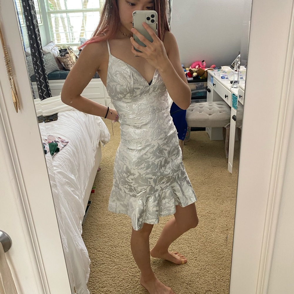Silver floral jacquard mini dress